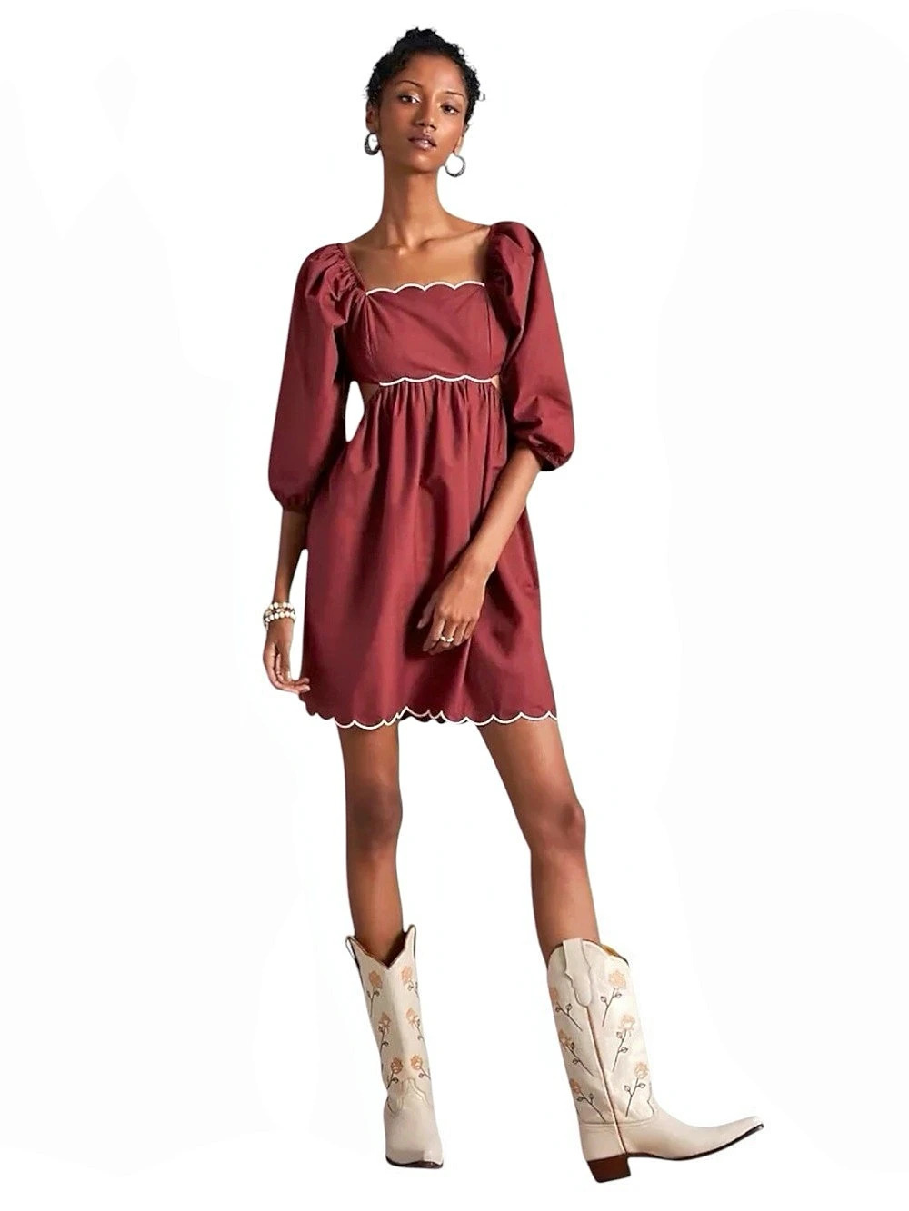 Forever That Girl Merlot Cotton Scalloped Puff Sleeve Open Tie Back Dress (L)